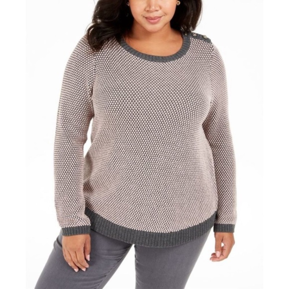 FLASH SALE $5 2X Charter Club Plus Button-Trim Contrast-Accent Sweater Black
